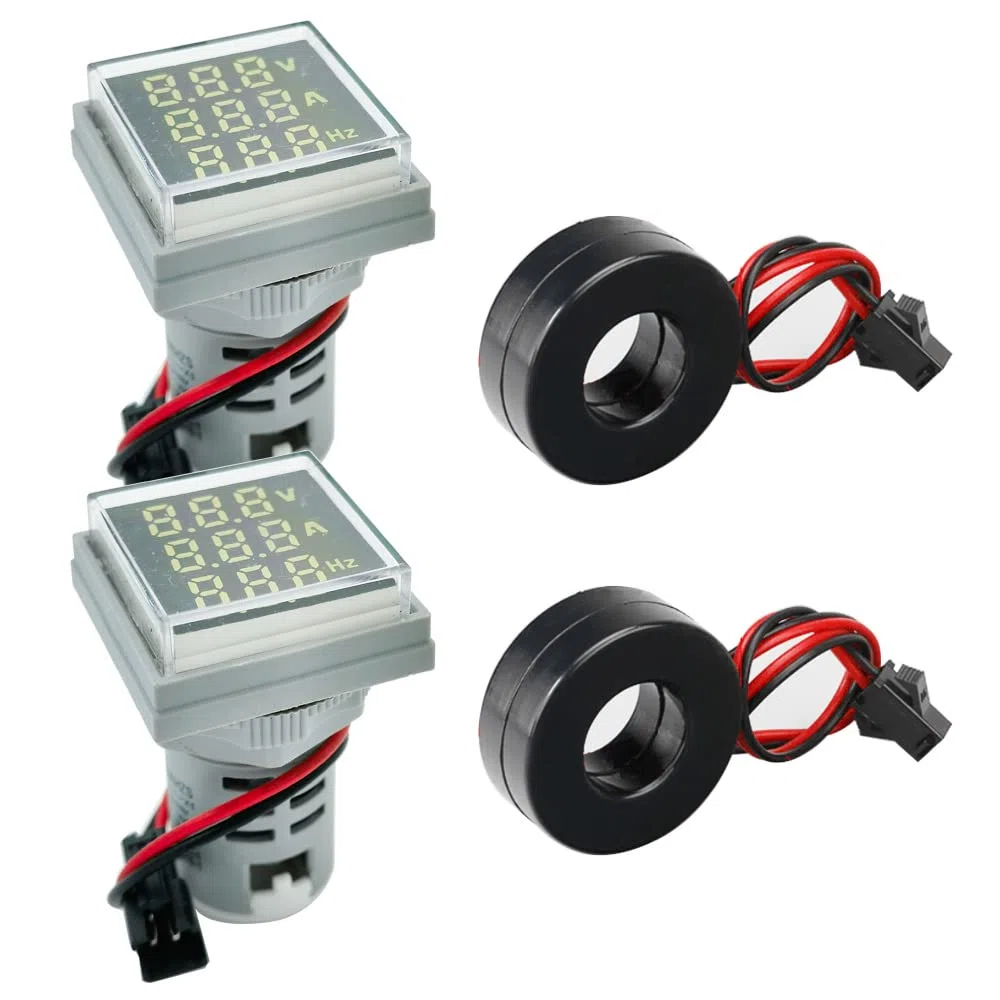 GUUZI 2pcs Display a Tre Cifre Corrente Alternata 20-500V, Tensione 0-100 A, Indicatore Frequenza 20-70 Hz, Monitor Strumento di Misurazione Multifunzione a LED a Testa Quadrata da 22mm (Bianco)