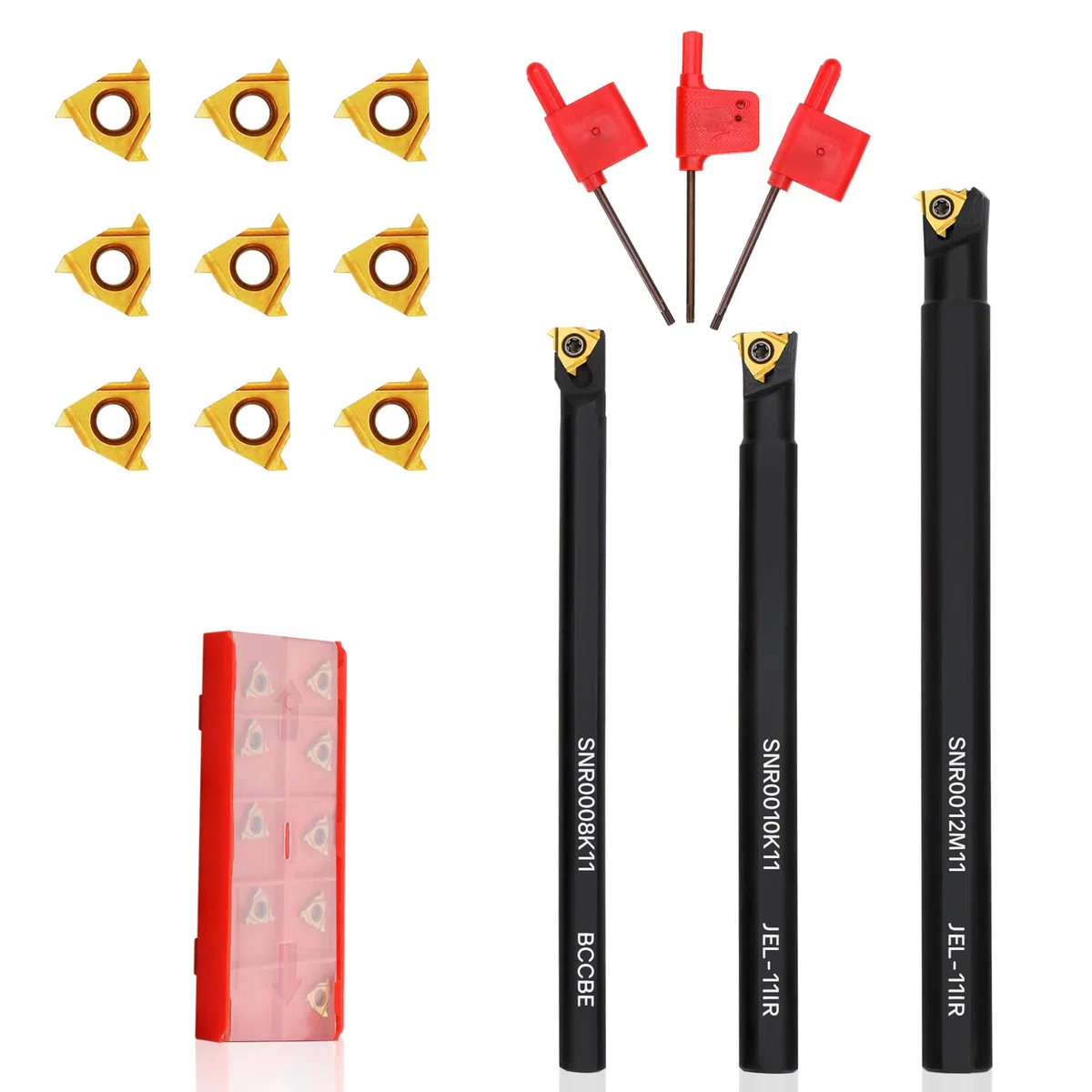 SNR0008K11, SNR0010K11, SNR0012M11 Kit di 12 utensili per tornio indicizzabili, set di 3 utensili per tornio in metallo, con 9 inserti in carburo 11IR A60, inserti per tornitura in carburo