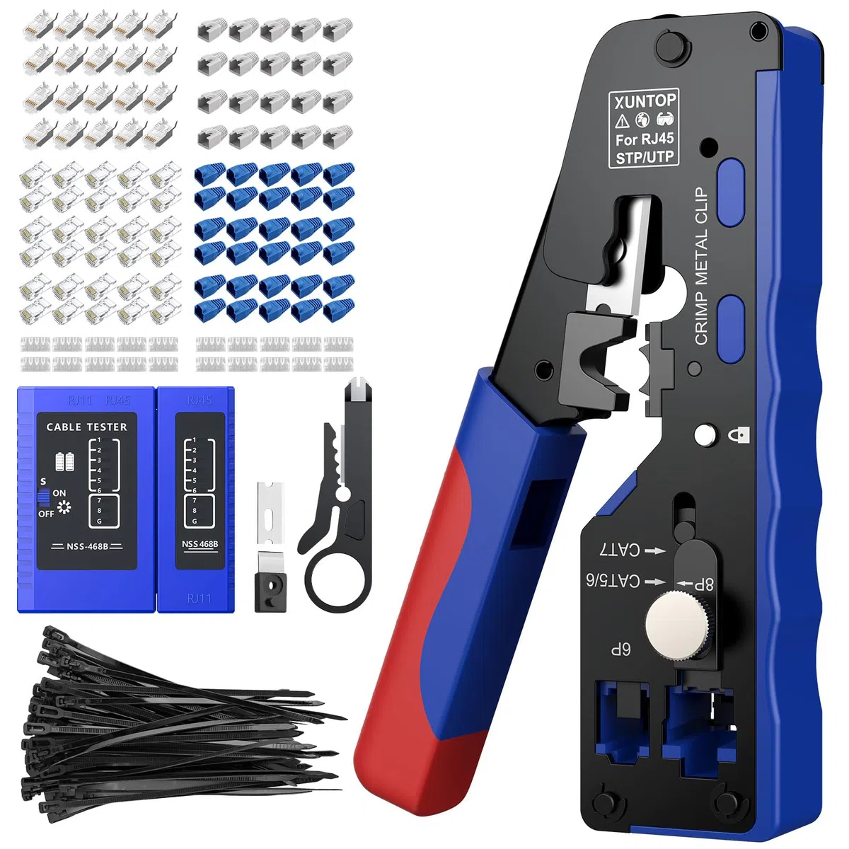 XUNTOP Pinza Crimpatrice RJ45 CAT7 Professionale, Kit Completo con Tester per Connettori CAT7/CAT6, Pinza Crimpatrice Cavi Ethernet con 50 Connettori Schermati per Rete Casa, Ufficio e Gaming