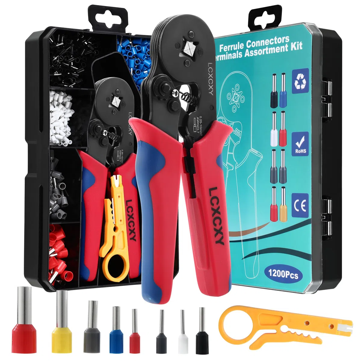 Pinza Crimpatrice 25-10 mm², Pinza Crimpatrice Capicorda, kit di linguette a Crimpare 1200 pezzi, Capicorda Elettrici, Crimpatrice Puntalini isolate di alta qualità, Puntalini Elettrici a Crimpare.