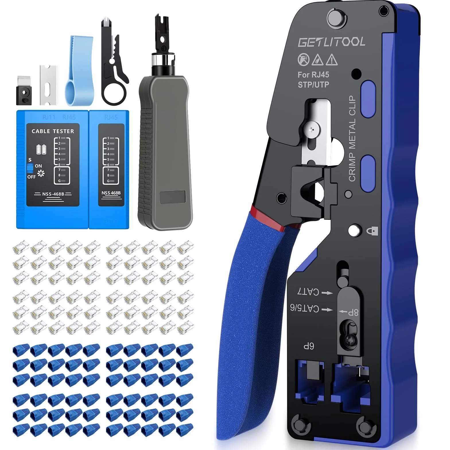 GETLITOOL Pinza Crimpatrice RJ45 Pass-Through per Reti Ethernet Cat7/Cat6a/Cat6/Cat5e, Pro Kit Strumento Crimpatura 8P+6P con 60 Connettori Cat6, 60 Copricavi, Tester per Cavi, Spelafili, ecc