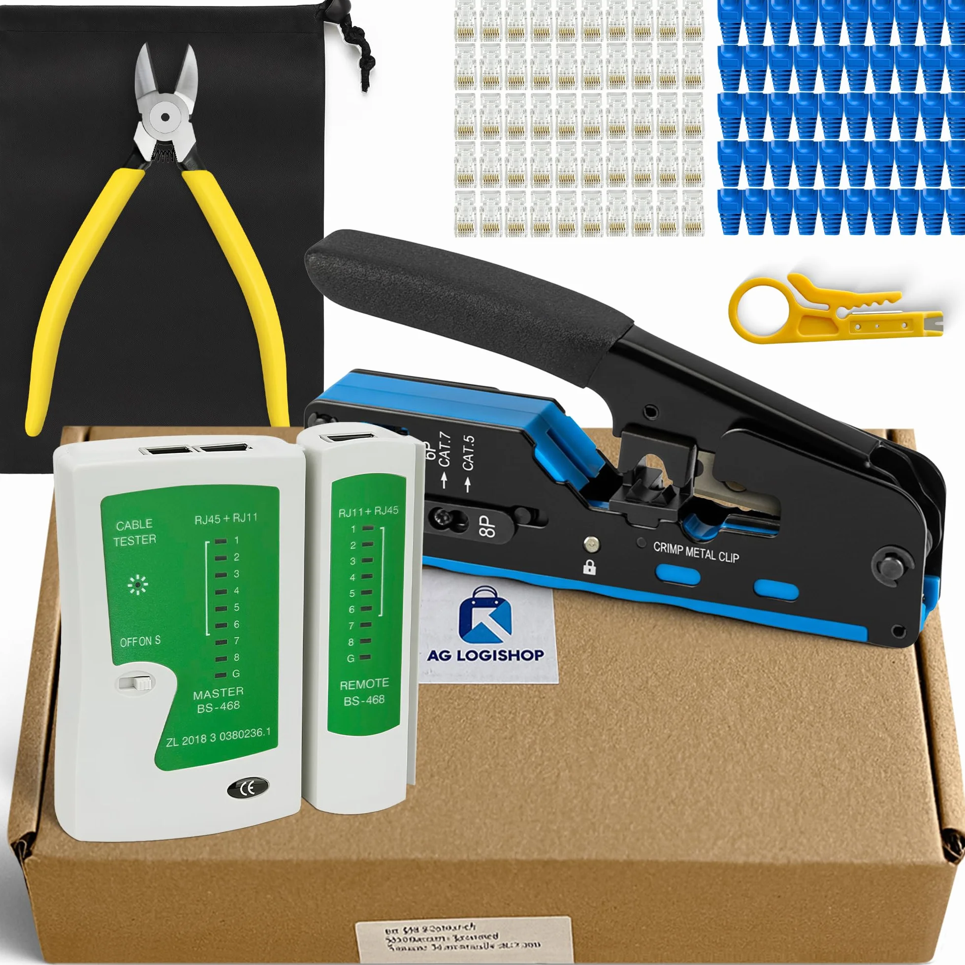 AG LogiShop Kit strumento di crimpatura RJ45 + pinze + spelafili + tester di collegamento + 50 connettori + 50 custodie + borsa di immagazzinaggio | Cat5/5e/6/7 + 6P/8P