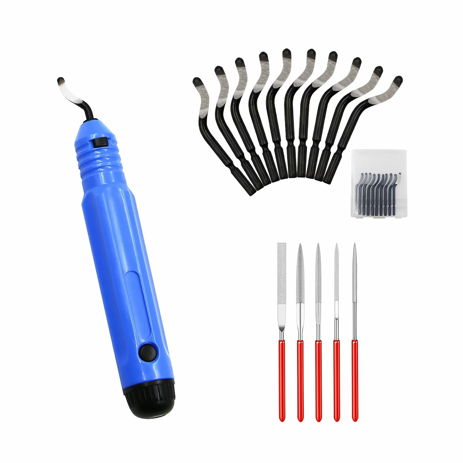 Sbavatore di Attrezzi Set con 10 Pezzi di Ricambio e 5 Set di Lime Diamantate, Rotazione a 360° Sbavatore Manuale, Sbavatura Strumento Universale