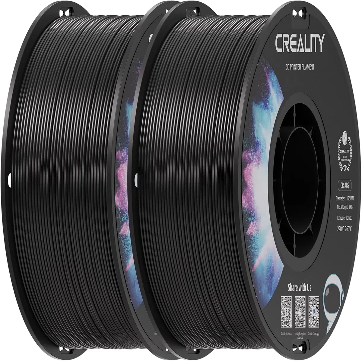 Creality Filamento ABS da 1,75 mm, 2 kg di filamento per stampante 3D, precisione di misurazione ± 0,03 mm, eccellente resistenza, inodore e atossico, stabile e resistente, 2 bobine da 1 kg (nero+nero
