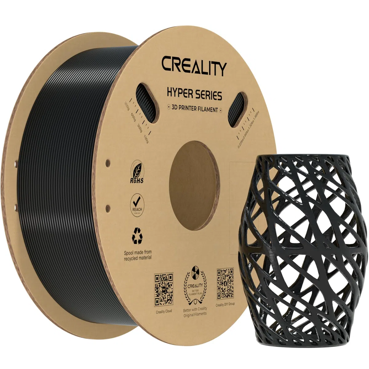 Creality Hyper PETG Filamente 1.75mm Nero per Stampante 3D Progettato per l'alta Velocità 30-600mm/s, 1kg(2.2lbs)/Spool, Precisione Dimensionale ± 0.03 mm