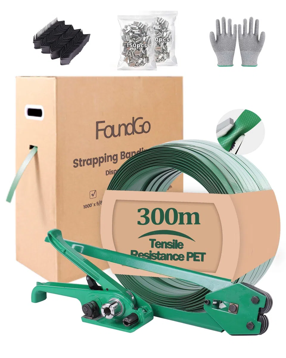 FoundGo Reggiatura manuale [12-19 mm] Set reggiatura con nastro in PET da 300 m, resistenza alla trazione da 680 kg, per imballaggio, con chiusura a tenditore, 300 fibbie in metallo, 100 guanti di