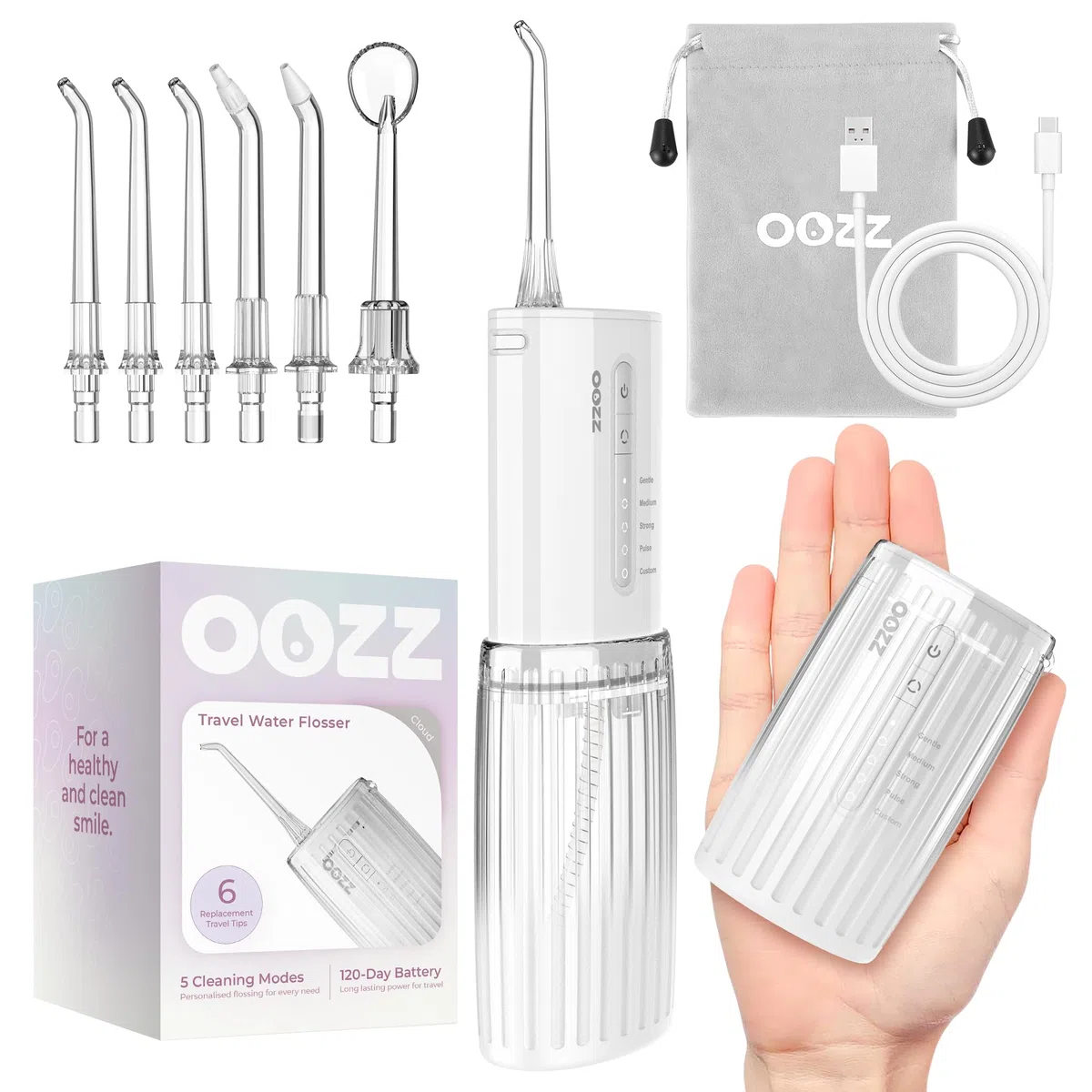 OOZZ Idropulsore da viaggio, irrigatore orale tascabile senza fili, 5 modalità di pressione, 6 ugelli, design compatto ricaricabile tramite USB, irrigatore orale portatile per denti (Cloud)