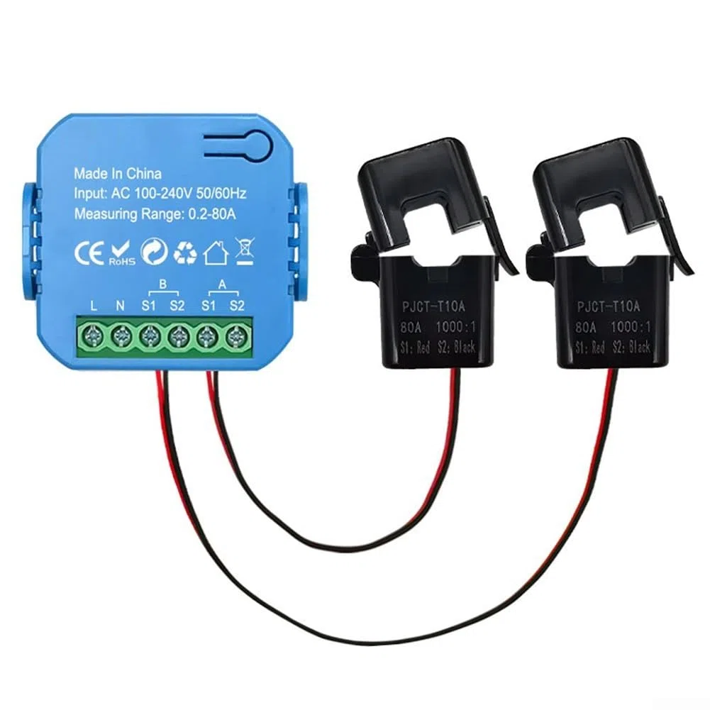 Misuratore di energia intelligente per Tuya, monitor di potenza a doppio canale con misurazione di tensione, corrente, fattore di potenza e frequenza | gamma 0,2 A-80 A | Wi-Fi abilitato per (blu 2 CT