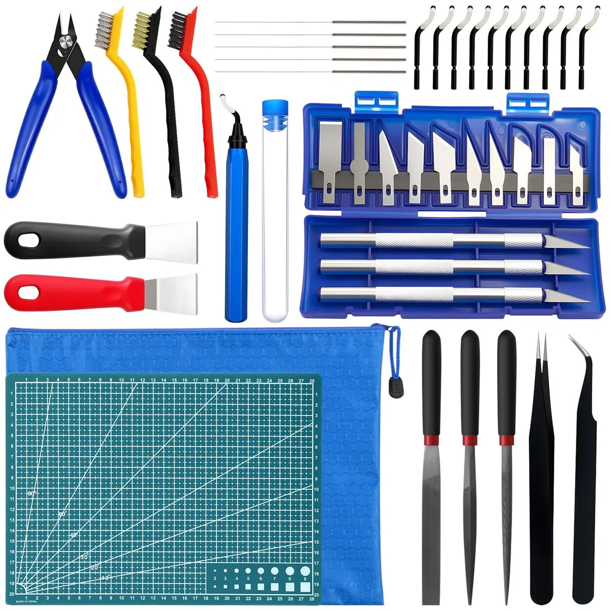 Kit di Strumenti per Stampante 3D 42 Pezzi Accessori per Stampante 3D Strumenti di Stampa 3D con Pulizia Ugelli Sbavatore di Attrezzi Pinza da Taglio Diagonale Pinzette Incisione Tappetino da Taglio