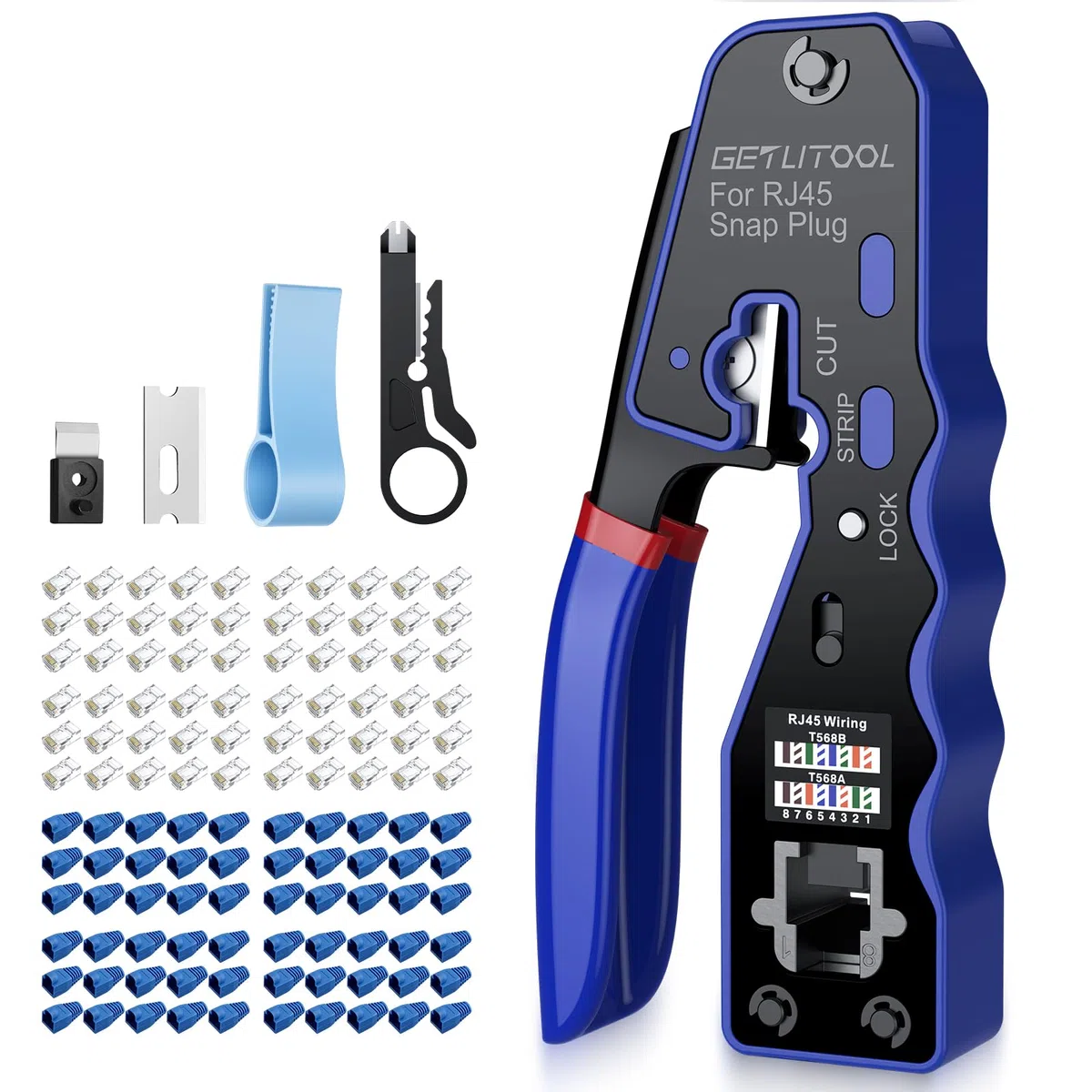 GETLITOOL Pinza Crimpatrice RJ45 Pass-Through per Reti Ethernet Cat6a/Cat6/Cat5e, Pro Kit Strumento Crimpatura 8P8C con 60 Connettori Cat6 Placcati Oro, 60 Copricavi, Spelafili, Lama e Allineacavi