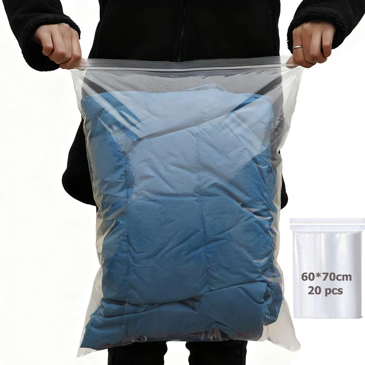 20 sacchetti con cerniera grande, 60 x 70 cm, sacchetti di plastica trasparenti, con chiusura a pressione per vestiti, biancheria da letto, cuscini, coperte