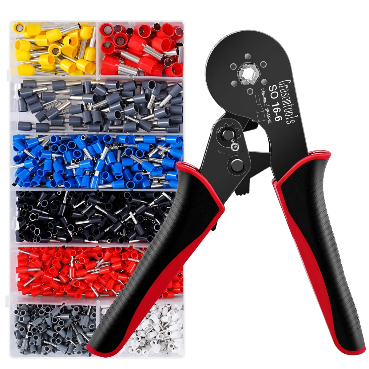 Set di crimpatrici per morsetti doppi e singoli, cricchetto 16-6 AWG 28-5 (0,08-16 mm²) con 1200 manicotti per connettori terminali (16-6 crimper kit 2)