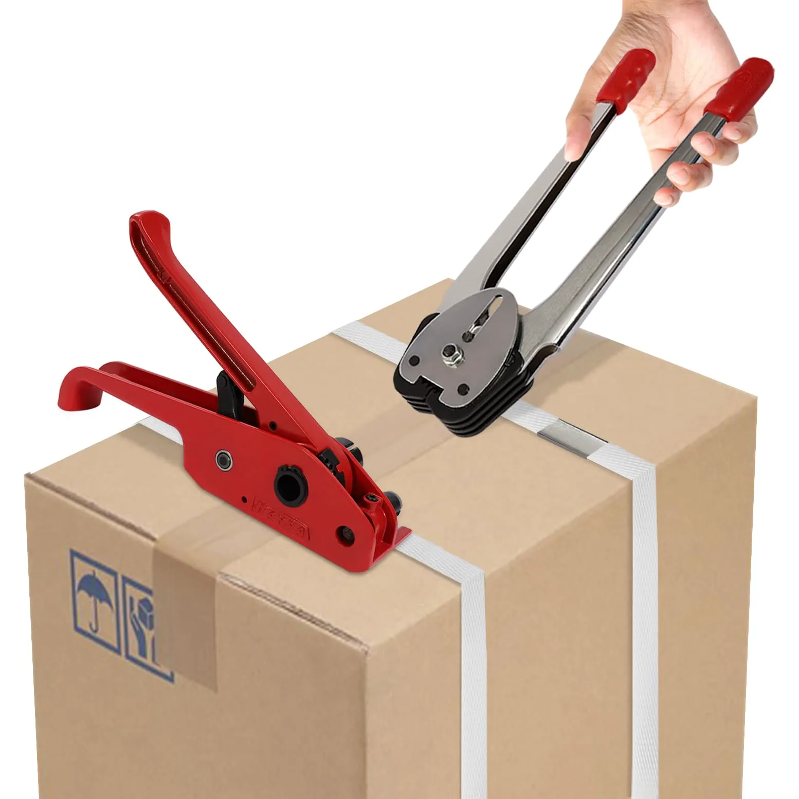 Set manuale per reggiatura, macchina per imballaggio con reggiatura PET/PP, utensile per imballaggio, incl. dispositivo di sigillatura e tensionamento, nastro reggiante da 100 m, 50 clip, per