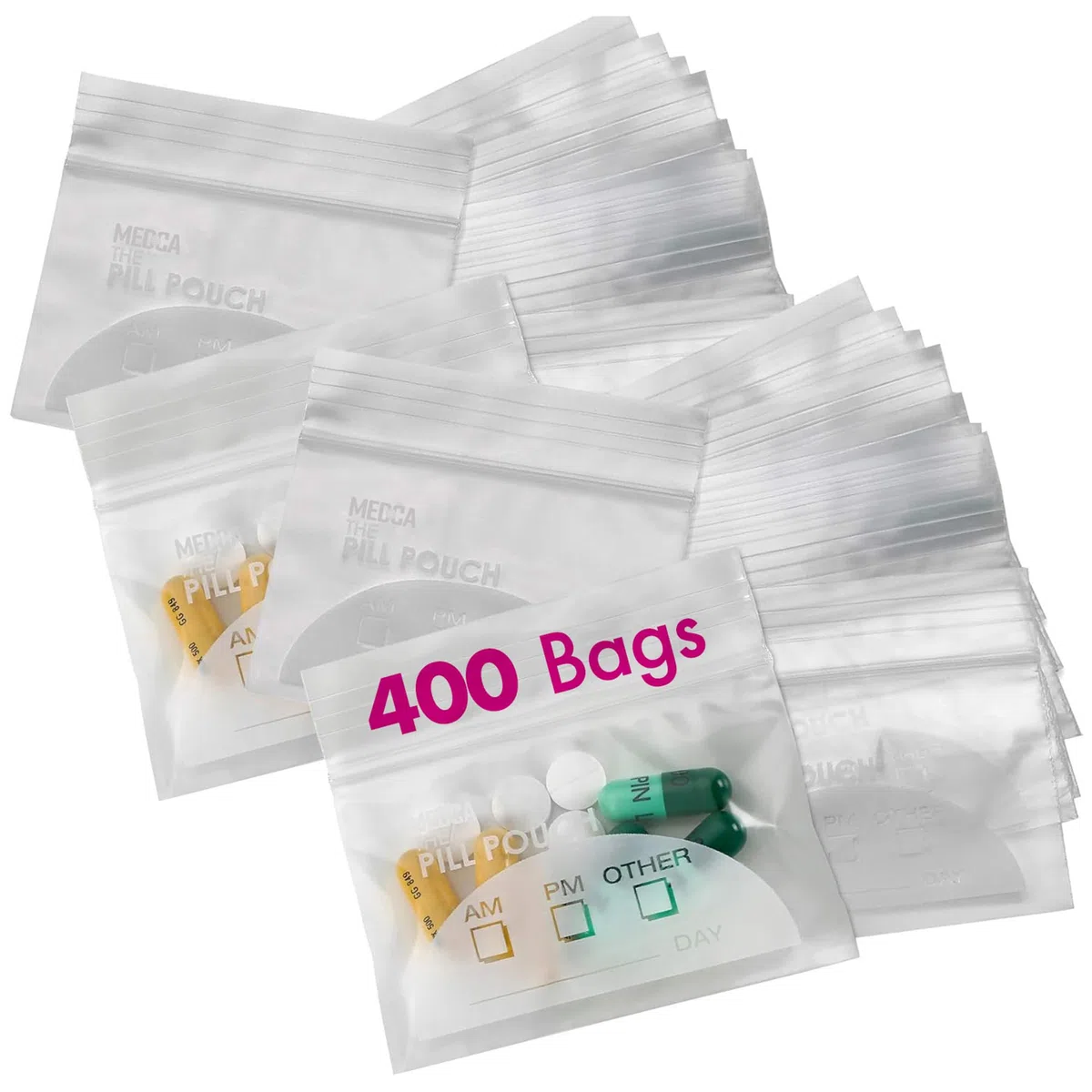 Sacchetti portapillole - (confezione da 400) 3 "x 2,75" - BPA FREE, buste portapillole monouso con cerniera in plastica, sacchetti per organizer per medicinali da viaggio ogni mattina