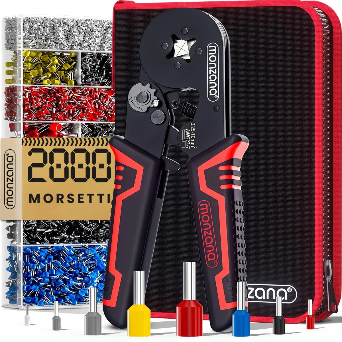 MONZANA® Pinza Crimpatrice incl. Capicorda 2000 pz. 0,25-10 mm² Kit per Crimpatura incl. Astuccio Utensile per Crimpare