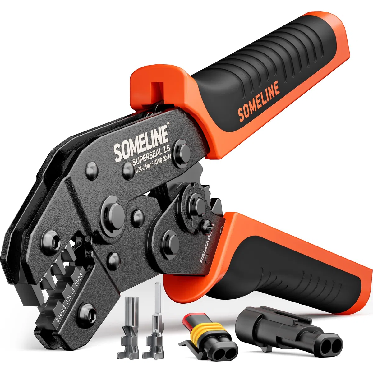 SOMELINE Pinza crimpatrice [0,34–2,5 mm²] per connettori impermeabili per auto – Pinza con cricchetto – Compatibile con connettori AMP serie 1,5 mm