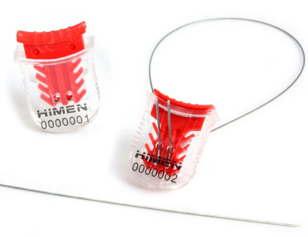 100 Sigilli di sicurezza a strozzo in plastica con cavo metallico di HIMEN | numerati consecutivamente | con codice a barre | Lunghezza 300 mm | AWS-06x7 | rosso